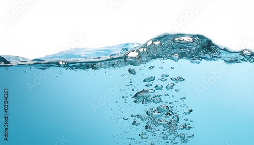 clean blue water surface with splash ripple and air bubbles underwater on white background