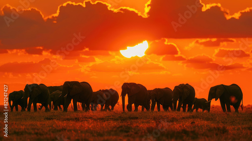 Large Herd Of Majestic African Elephants Walking On The Savanna At Sunset