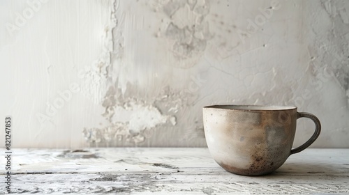 A rustic grey cup, adding a touch of sophistication to the white space.