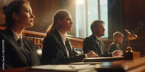 Three legal professionals, obscured faces, sitting at a table in a courtroom, illuminated by sunlight