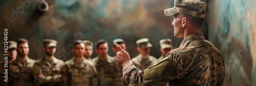 An officer addresses his unit, providing guidance or orders with focus and determination Military uniform and camouflage patterns are evident