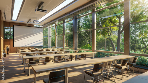 Modern university lecture hall with long tables, chairs, large screen for presentations, and a view of trees through the windows.