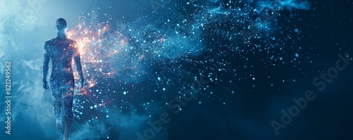 A futuristic digital human figure surrounded by glowing particles in a starry blue background, symbolizing artificial intelligence and technology.