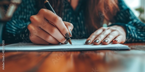Close-up of a woman's hands as she writes on a sheet of paper with a fountain pen, focus on hands
