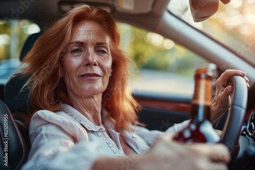 A woman driving with a bottle of alcohol. Drunk driving concept. Background with selective focus and copy space