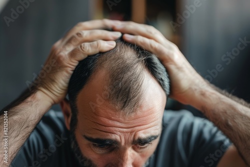 A man with a bald head is looking down and shaking his head, baldness concept