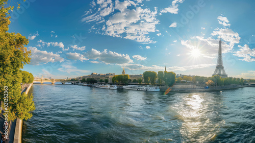 Panoramic View of the Eiffel Tower and Seine River on a Sunny Day