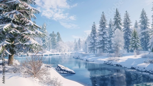 A wintery scene with snow-covered pine trees, a serene frozen lake, and a clear blue sky, evoking a tranquil and picturesque Christmas backdrop.