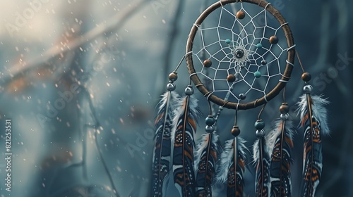An intricate dream catcher drawing with delicate feathers and beads hanging from a woven web, capturing the essence of a peaceful and protective charm.