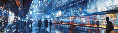 Futuristic cityscape with neon lights and bustling streets, filled with silhouettes of people and advanced technology at night.