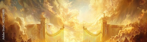 Heavenly gates amidst a breathtaking golden sky, symbolizing paradise and spiritual transcendence, bathed in ethereal light and divine essence.