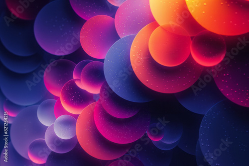 Illustration with bright, neon circles of different sizes, scattered across a dark purple background for a striking visual,