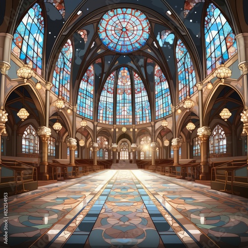 cathedral interior, beautiful stained glass windows, colorful lights from stained glass windows, athmotheric
