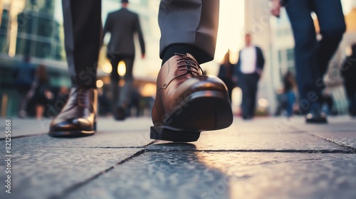 Low angle shot of a businessman's feet walking on a city street.