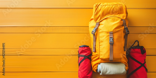 Yellow backpack on a travel related background, copy space Concept: Hiking vacation, packing for summer trekking in the mountain, backpackers, adventure trips with backpack. 