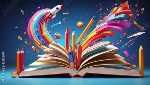 An open book with a rocket ship and many colorful pencils, pens, and other school supplies bursting out of it.