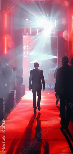 A celebrity entering a venue, illustrating the excitement of the moment close up, focus on anticipation, vibrant, Blend mode, backdrop of an event entrance.