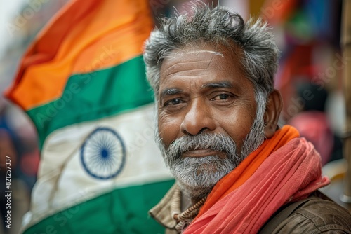 A man with a beard and mustache is holding a flag of India, Indian symbol