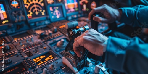 Pilot's hands adjusting throttle and controls in a dark cockpit during a flight