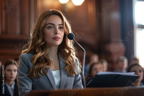 Seasoned lawyer confidently presenting her case to a jury in a courtroom, demonstrating expertise and persuasive skills