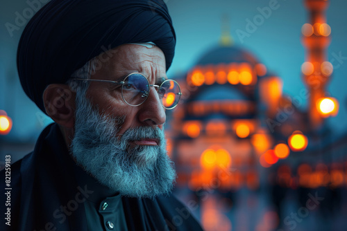 portrait of senior muslim man on a blurred night background with mosque