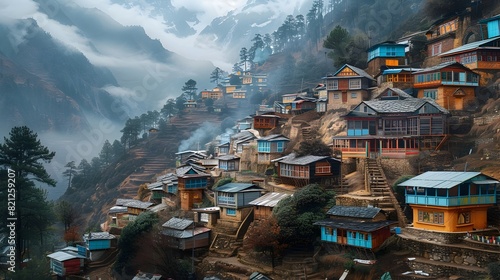Tranquil Himalayan Village Perched on Mountainside with Traditional Buddhist Architecture and Colorful Prayer Wheels