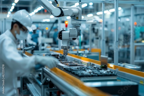 A man in a white lab coat is working on a machine in a factory. The machine is a robot that is assembling parts. The scene is industrial and the mood is serious and focused