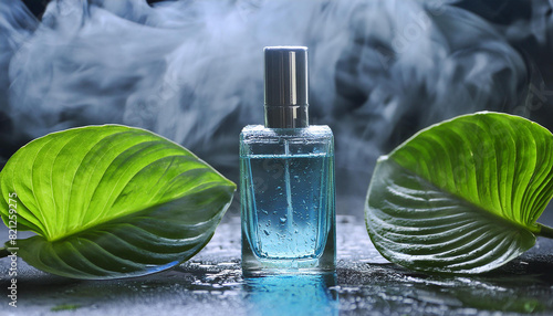 Glass perfume bottle and green leaves, dark wet surface. Luxury fragrance. Mock-up. Smoky backdrop.