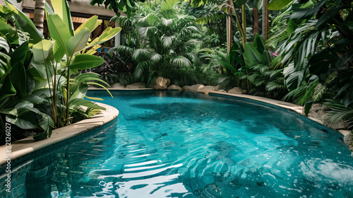A tranquil swimming pool surrounded by lush tropical vegetation, inviting guests to take a refreshing dip or relax on a sun lounger with a cool drink.