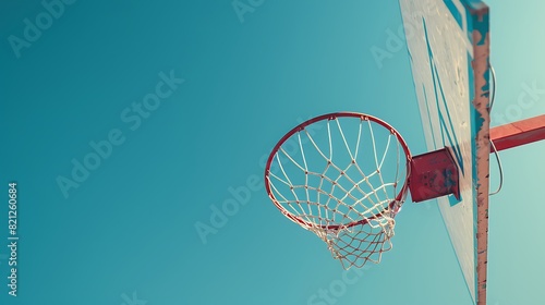 A pristine basketball hoop with a net swaying slightly in the breeze against a clear blue sky.