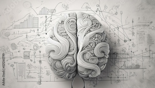 Left right human brain concept, textured illustration. Creative left and right part of human brain, emotial and logic parts concept with social and business doodle illustration of left side, and art. 