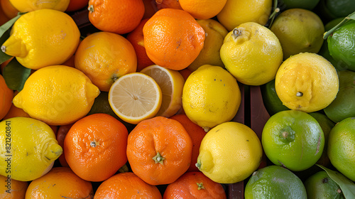 a variety of citrus fruits, including oranges, lemons, and limes, arranged together with their leaves still attached