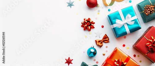 Christmas gift boxes with bows and ribbons, isolated on white background, copy space for text, holiday presents concept, vibrant colors, high resolution