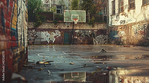 A weathered outdoor basketball court with graffiti-covered walls in the background.