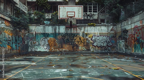 A weathered outdoor basketball court with graffiti-covered walls in the background.