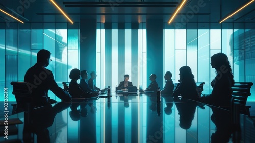 The image shows a group of people sitting around a table having a serious discussion. They are all wearing suits and ties, and the table is covered in papers. The background is a large window, and the