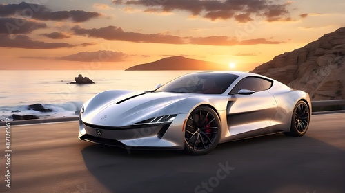 Luxury Sports Car: Imagine a sleek and powerful sports car driving along a coastal road at sunset. Detail its design, speed, and the sense of freedom it evokes.