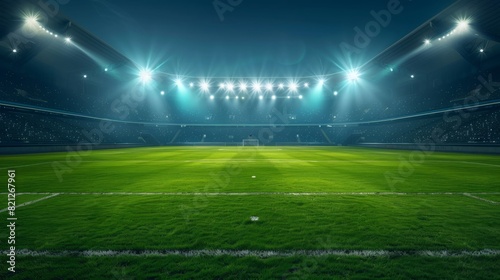 stadium lights, Football stadium arena for match with spotlight. Soccer sport background, green grass field for competition champion match.