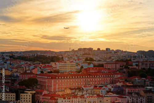 Beautiful sunset over Lisbon, Portugal. View from Alfama district.