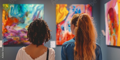 Two women from behind admiring vibrant abstract paintings on display in an art gallery