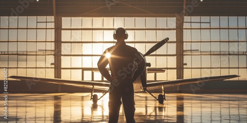 Silhouette of a pilot with hands on hips facing a small propeller plane in a hangar, backlit by sunset