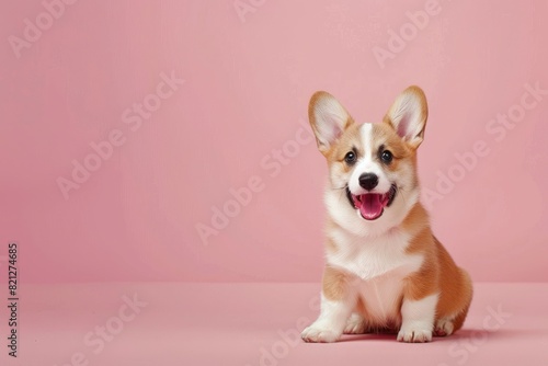 happy Puppy Welsh Corgi 13 Weeks old, dog winking, panting and sitting isolated on one color background - Generative Ai