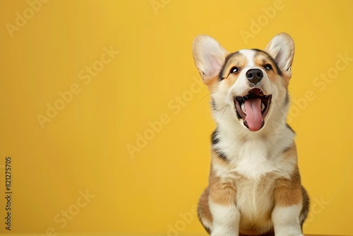 happy Puppy Welsh Corgi 13 Weeks old, dog winking, panting and sitting isolated on one color background - Generative Ai