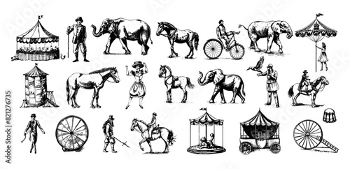 Circus ink sketch vector set. Men women tent elephant presenter showman tamer dancer carousel acrobat horse rider magician carriages poultry house characters, retro vintage illustration isolated on