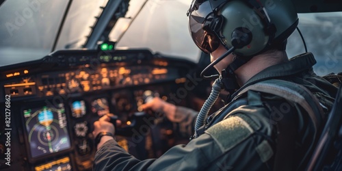 The photo depicts a pilot in helmet maneuvering controls within the cockpit of an aircraft, highlighting aviation and technology
