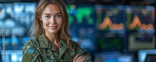 Smiling female soldier with control room backdrop