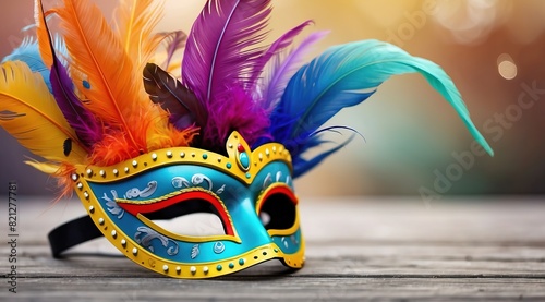 Carnival mask with colored feathers on a blurred background