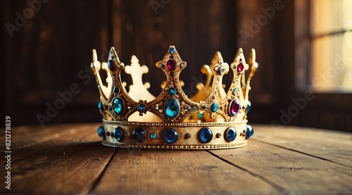 Beautiful queen king crown over wooden table