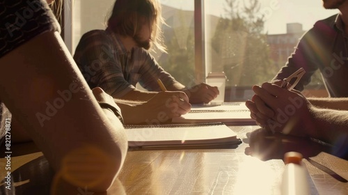 The image shows three people sitting around a table, looking at each other, and discussing something.