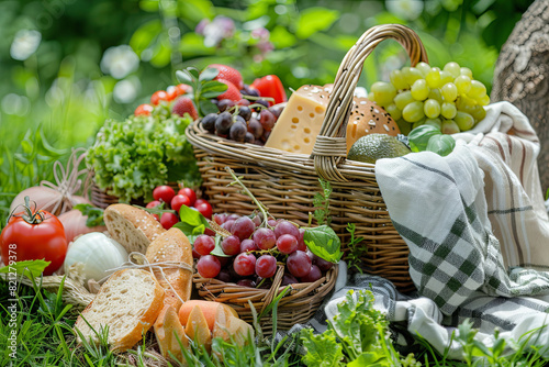 Fresh and wholesome food items from a picnic basket, artfully arranged on lush grass in a garden setting